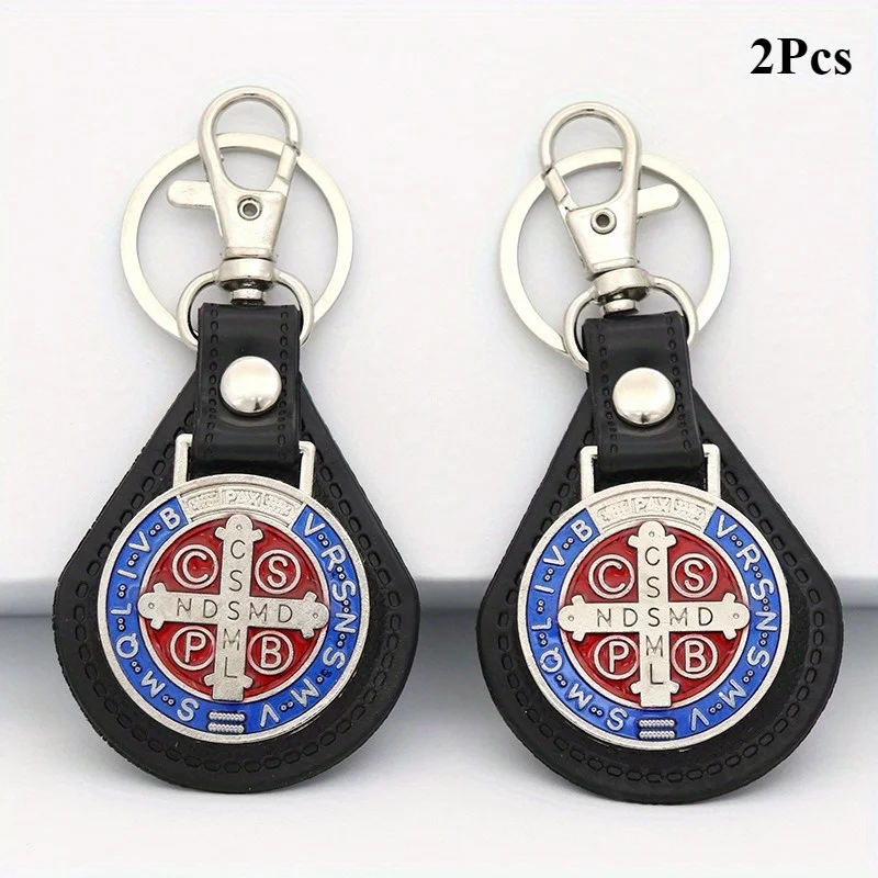 2pcs PU Leather St Benedict Pendant Key Chain Keyring Religious Jesus St. Benedict Keychain Women Men Catholic Baptism Jewelry