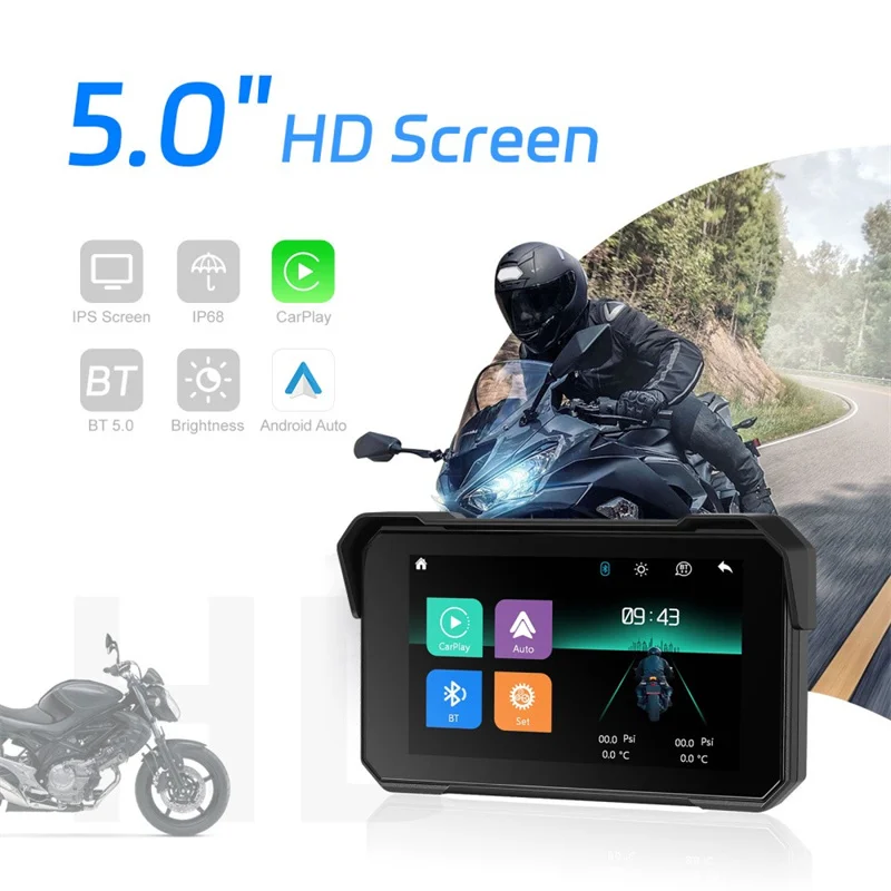 5 ''IPS شاشة دراجة نارية Carplay أندرويد السيارات المحمولة مشغل ذكي IP68 مقاوم للماء بلوتوث كشف ضغط الإطارات