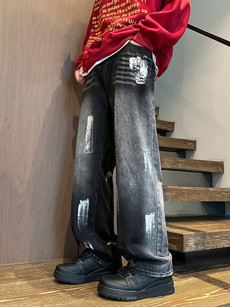 

Doodle Print Jeans Straight Leg Long Trousers Trendy Cool Teenagers Autumn Wear Comfortable Loose Fit Cotton Polyester Blend