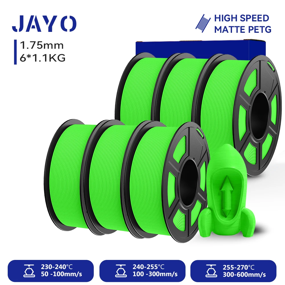 JAYO PETG 3D-Filament 1,75MM Hochgeschwindigkeits-Mattes PETG 3D-Drucker-Filament 6 Rollen High-Flow Speedy Matte Effekt 3D-Druckmaterialien