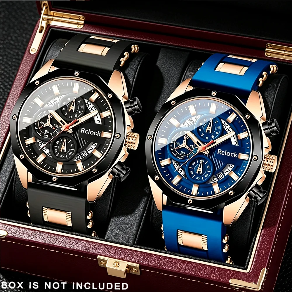[Fashion Men's Quartz Watch ] 2pcs Casual Sports Men Watch Silicone Strap, Calendar Display, Ideal Men's Valentine's Day,