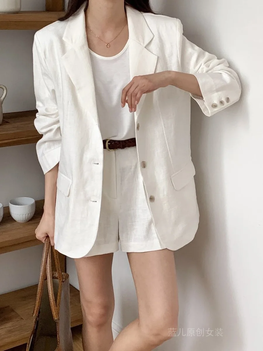 SuperAen 솔리드 컬러 코튼 및 린넨 블레이저 여성용 여름 2025 새로운 루즈하고 캐주얼한 반바지 바지 투피스 세트