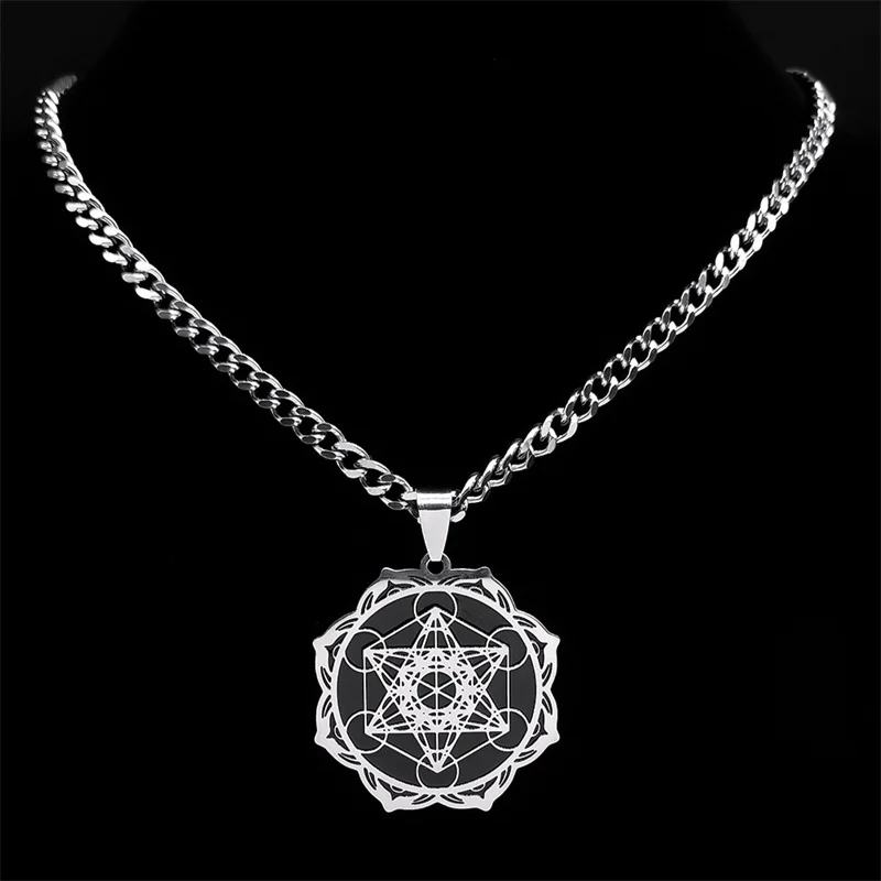 Flower of Life Metatron Cube Necklace Women Sacred Geometry Pendant Stainless Steel Angel Seal Archangel Necklace Jewelry N7961