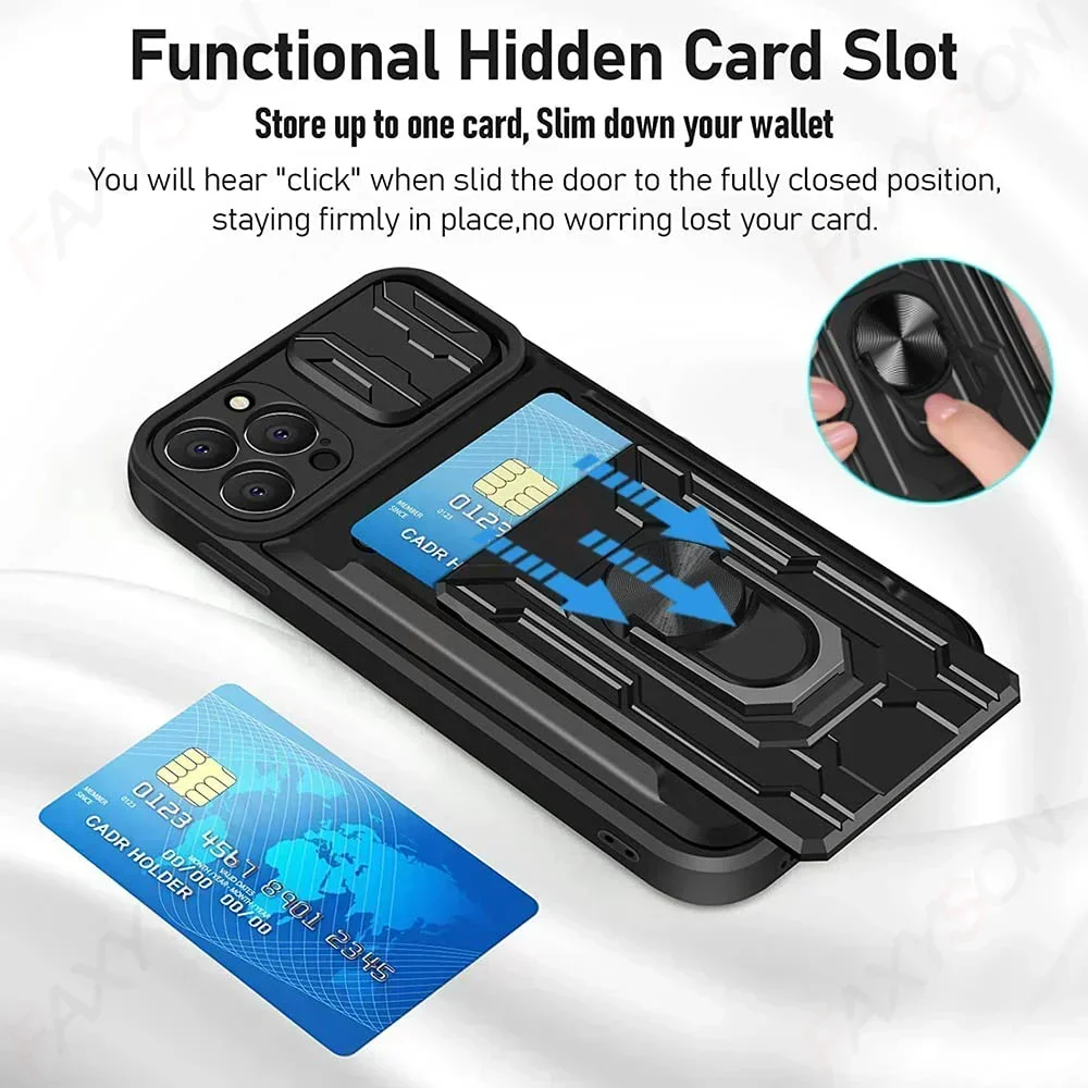 Case For iPhone 17 16 15 14 13 12 11 Pro Max XR XS Plus SE Slide Camera Card Slot Military Grade Ring 360 Magnetic Back Cover