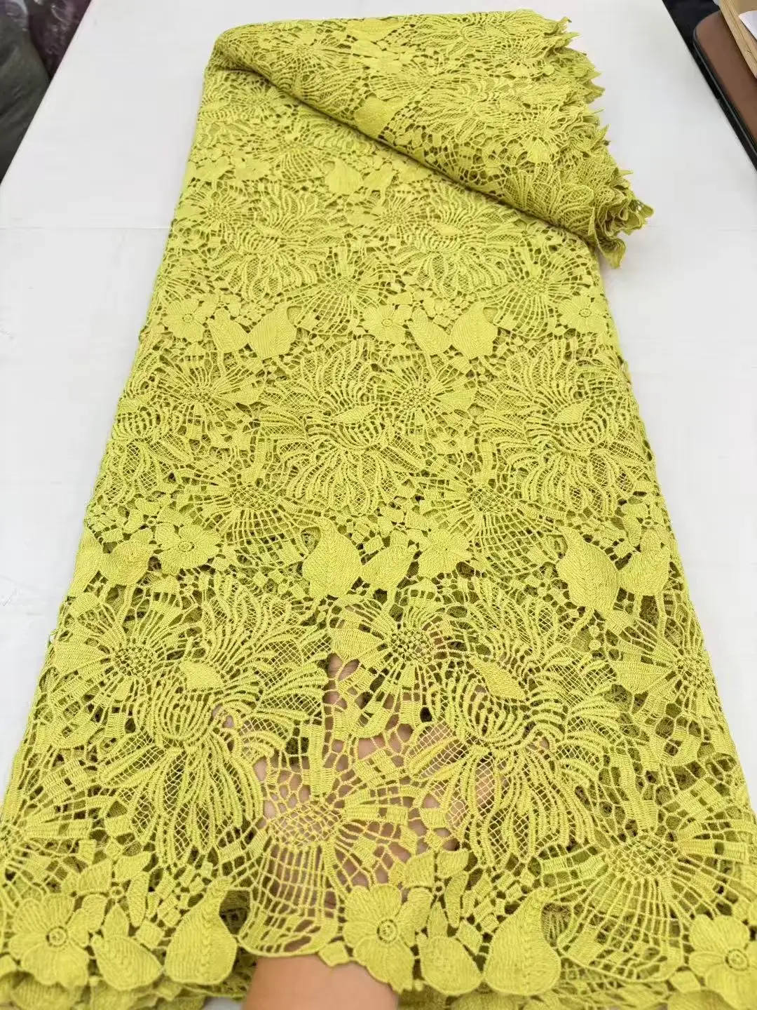 

High Quality Yellow African Fabric Nigerian Milk Silk Guipure Cord Lace for Party Dress Sewing Latest Nigerian Lace Dress Sewing