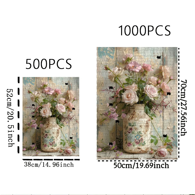 Puzzle dla dorosłych 500/1000 elementów, duże, w stylu vintage, różowe róże i murarz - wyzwanie kolorowe 5D, średnio trudne łamigłówki, DIY do domu