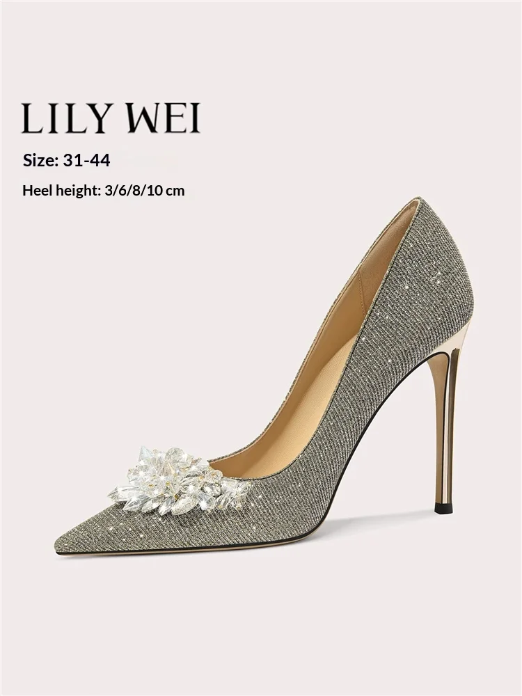 

Autumn new pointed toe shallow sequin crystal beaded single shoes banquet large size small size thin high-heeled women's shoes