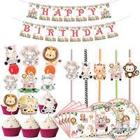 1SET Carton Wild Animal Paper Straws Pink Disposable Plates Banners for Girl's Wild One Themed Jungle Birthday Party Decorations