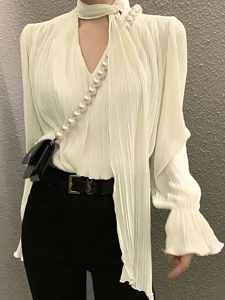 Pleated Elegant Long sleeve Blouse With Ties Women Luxury Ruffle V neck Basic Top Casual Oversize Lady Office Wear Korean Chic