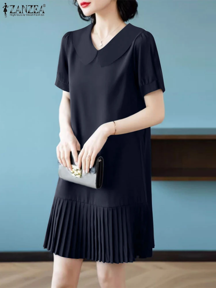 ZANZEA เกาหลีแฟชั่นจีบ Hem ชุดมินิลําลอง Peter-pan COLLAR ผู้หญิงชุดเดรสพัฟแขนสั้น Vestidos