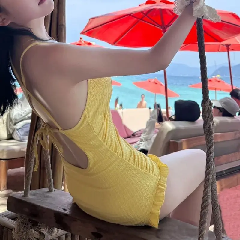 New Popular One-piece Swimsuit High-end Dopamine Straps Backless Korean Fungus Beach Vacation Hot Spring Summer