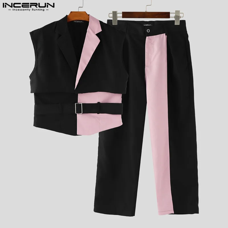 INCERUN Men Sets Patchwork Lapel Sleeveless Vests & Pants Two Pieces Sets Streetwear Loose 2025 Fashion Men's Casual Suits S-3XL