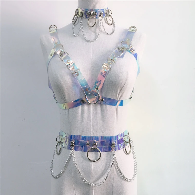 

2022 Handmade Laser Waist Belt Goth Metal Chain Crop Top Punk Holographic PVC Choker Bra Top Harness Belt Outfits Matching Sets