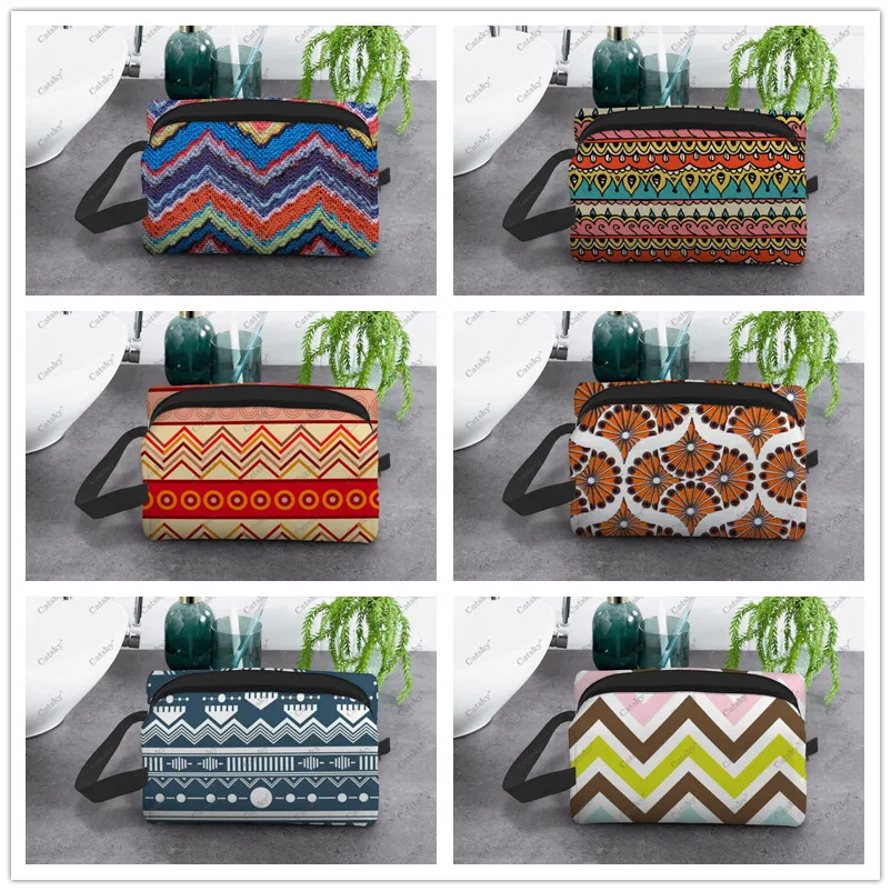 Bolsa de cosméticos Boho Chic Zigzag para mujer, caja de cosméticos de gran capacidad, almacenamiento de belleza, bolsa de cosméticos de lavado, moda