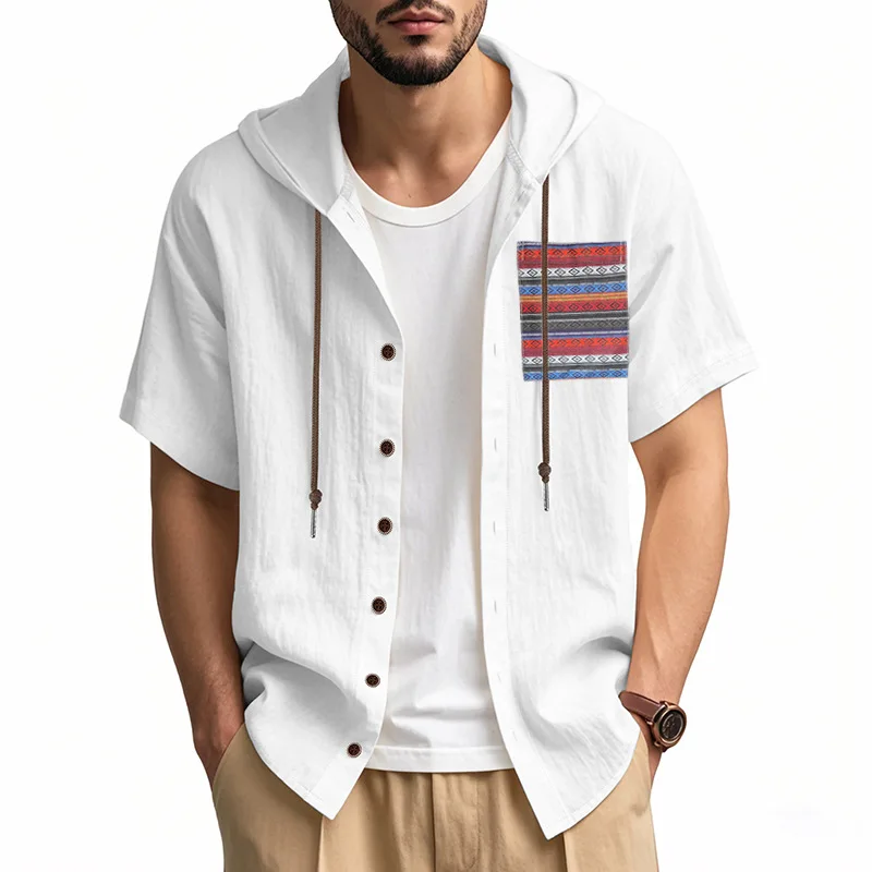 2025 Summer New Men's Shirt Hawaiian Style Chest Bag Thin Breathable Linen Loose and Hooded Cardigan Short Sleeve Shirt Men