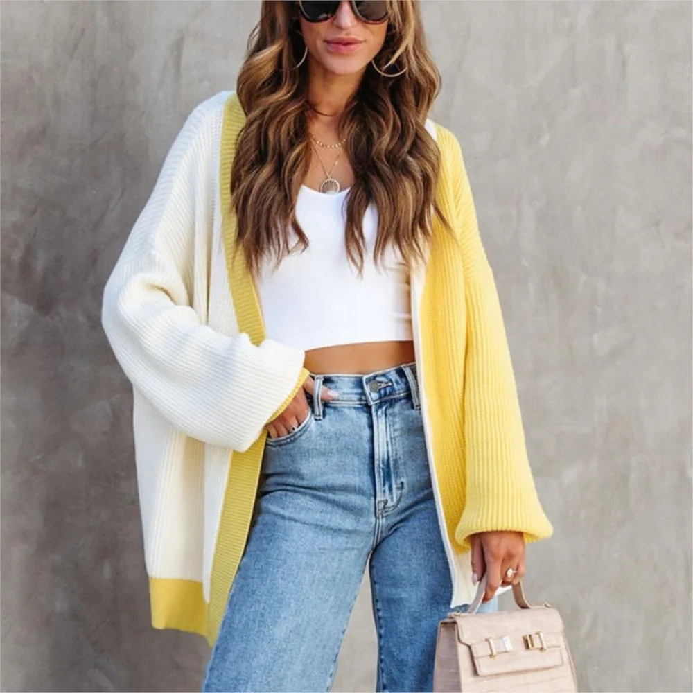 Women's Long Sleeved Mid Length Knitted Tops 2024 Autumn/winter New Item Color Blocking Splicing Loose Shawl Sweater Cardigan