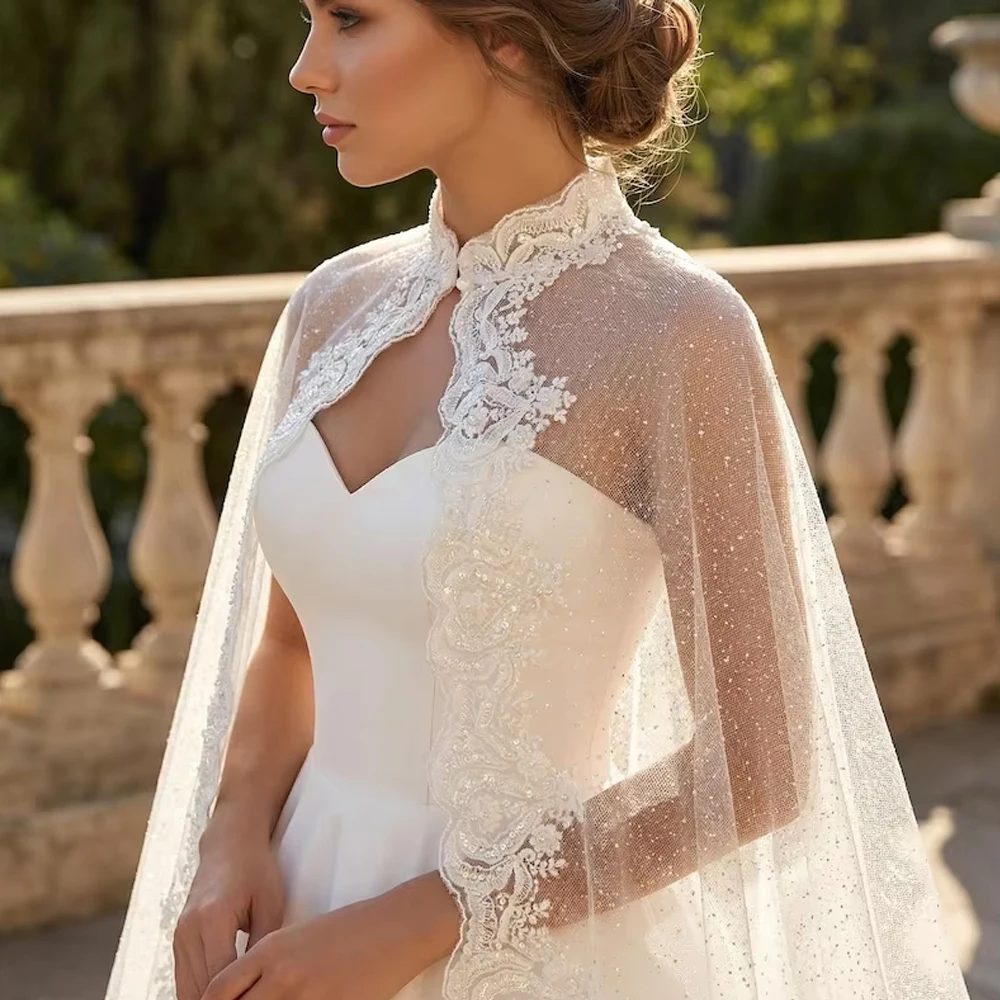 Beaded Lace Hem Long Bridal Wrap Cape Wedding Cape Women Jacket Sheer Tulle Customized image 2