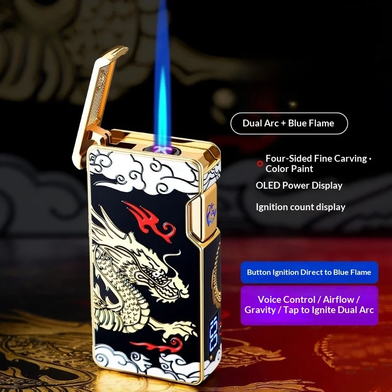 Smart Voice‑Trigger Ignition Electric Lighter, Windproof Jet Blue‑Flame Butane Gas Design, Intuitive Digital Battery Display