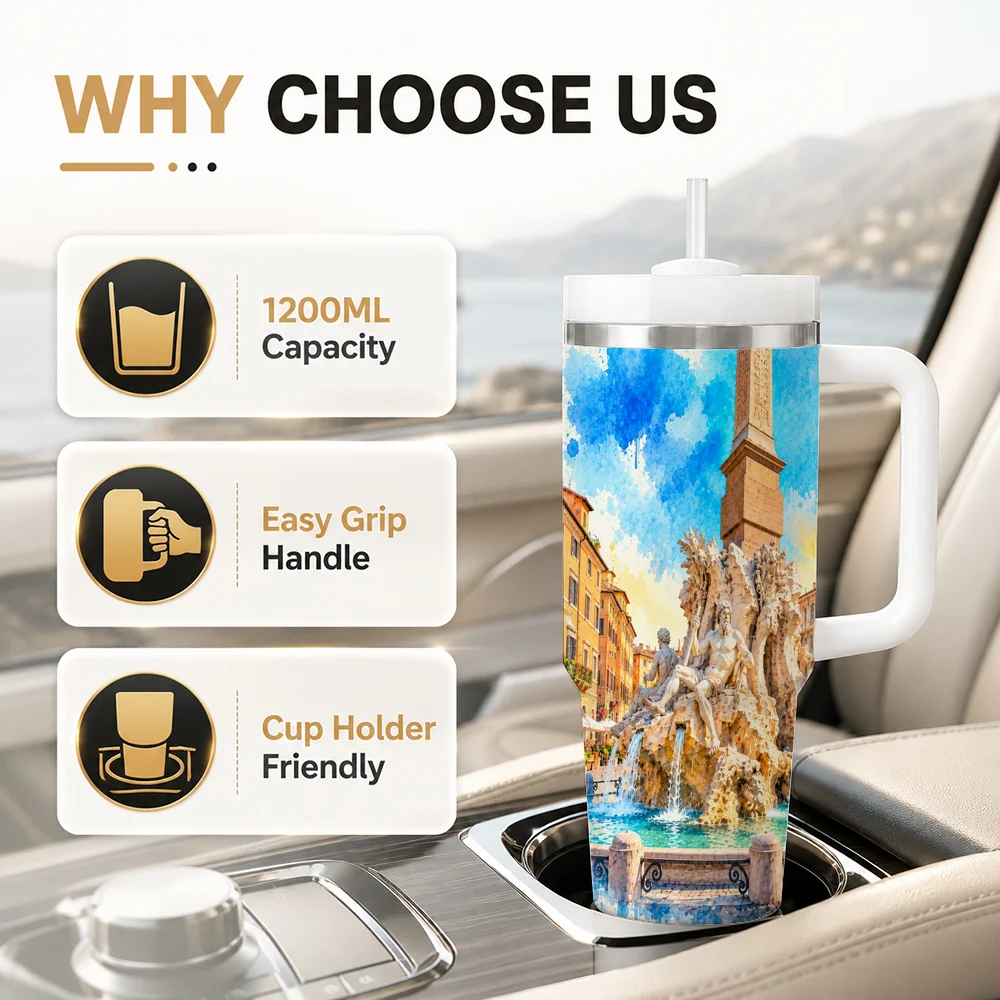 Rome Landmark Gift Tumbler for Travelers Vacuum Flasks 40oz Leakproof Steel Tumbler w/ Lid Straw Handle Hot Cold Drinks