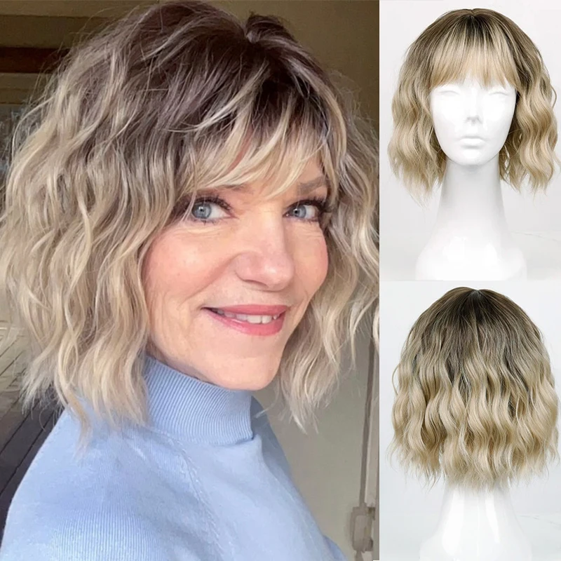 Natural Blonde Wigs With Air Bangs for Women Shoulder Length Curly Wavy Synthetic Blend Wigs Dark Roots for White Women Girls