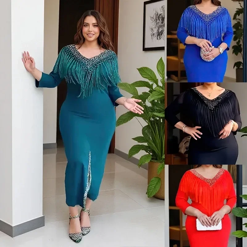 

Plus Size African Dresses for Women Summer African Long Sleeve Tassel Party Evening Maxi Dress Outfits Dashiki African Clothing