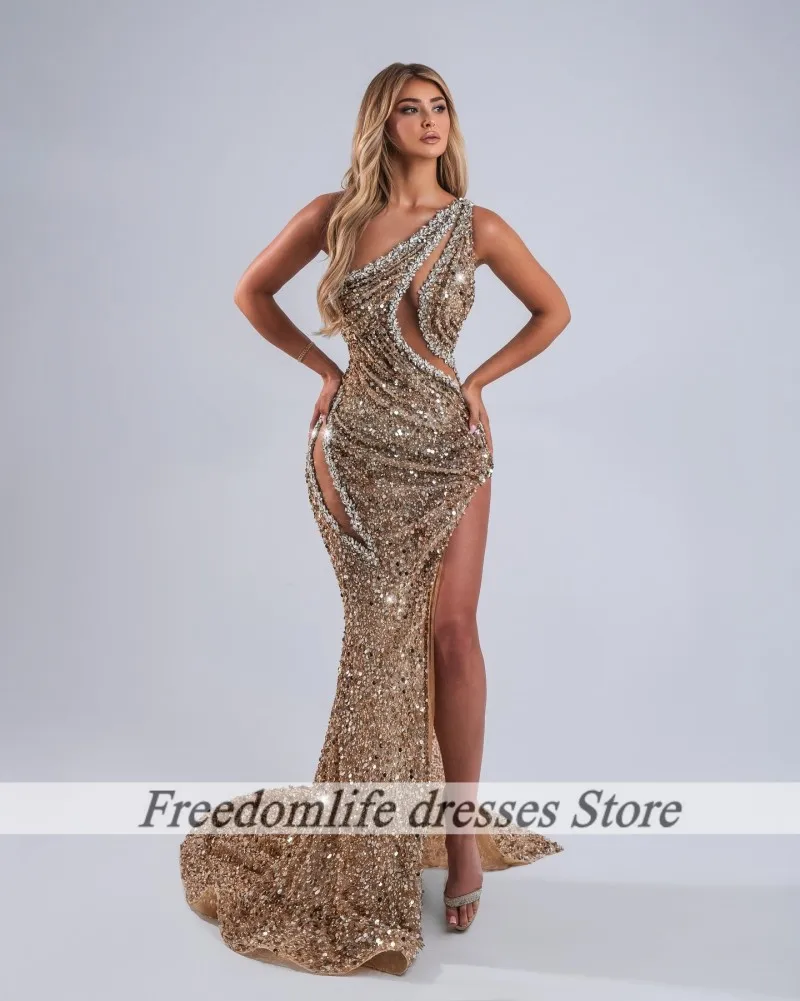 샴페인 이브닝 드레스 원 숄더 크리스탈 웨딩 파티 드레스 2026 인어 프롬 가운 여성용 맞춤형 드레스