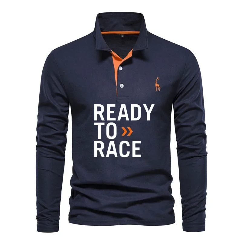 

Ready To Race Novelty Brand Print Long Sleeve Polo Shirt Men's Spring New Business Workwear Lapel T-Shirt 100% cotton shirt