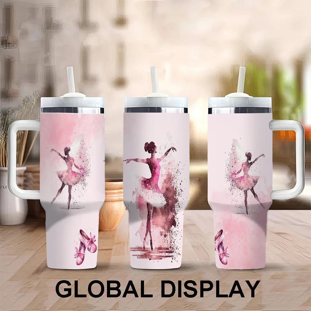 

1pc Ballet Style 40oz Stainless Steel Tumbler with Handle, Straw, and Lid - Insulated Travel Mug for Hot and Cold Beverages