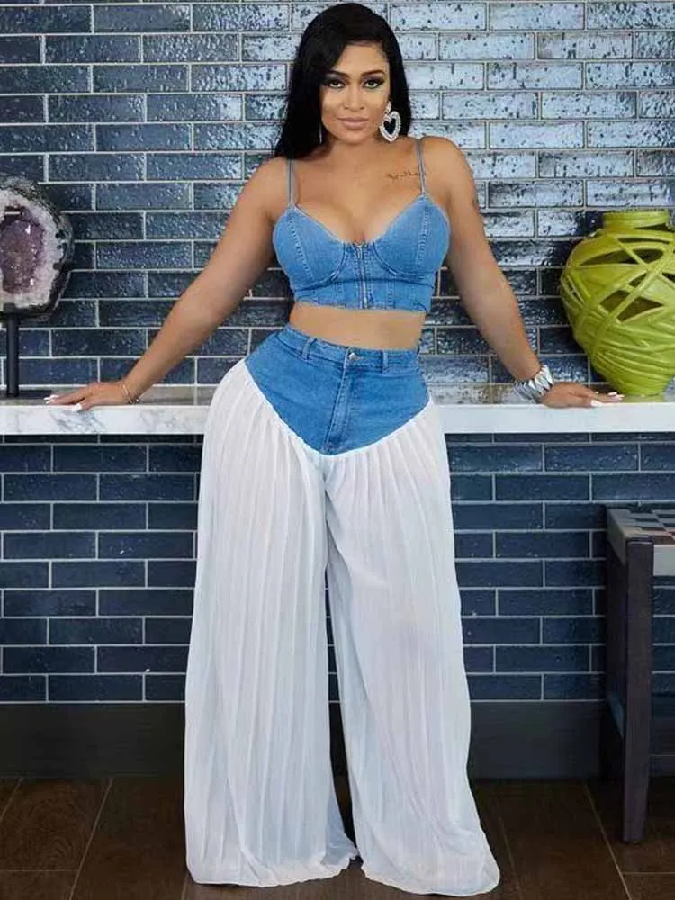 

BKQU Джинсовый лоскутный шифоновый женский комплект брюк 2025 Сексуальный жилет на молнии на бретельках Топы Широкие плиссированные джинсы Вечеринка Клубный наряд из 2 предметов