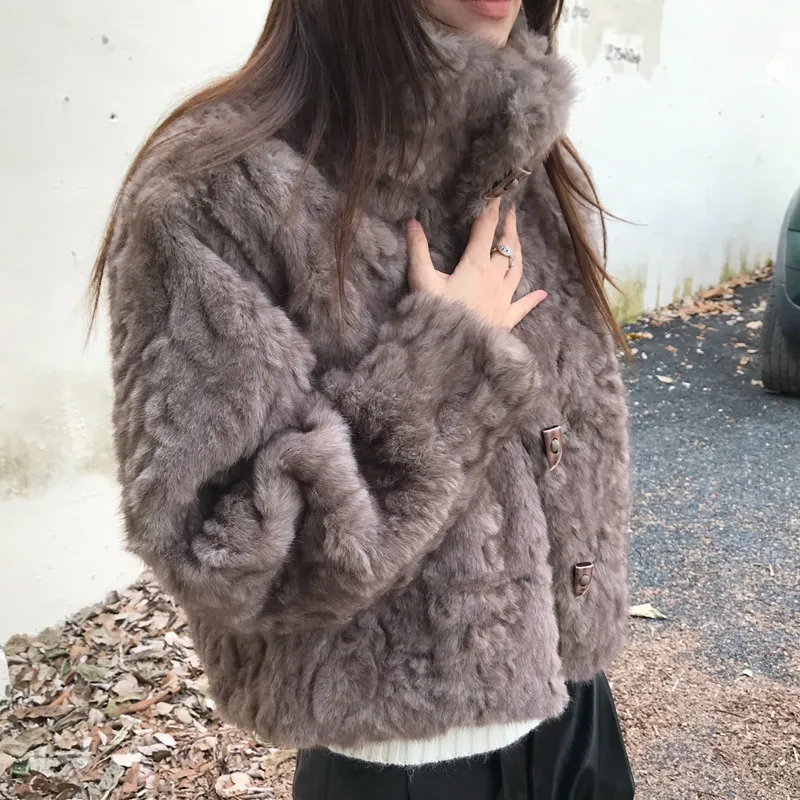 Elegant Short PU Fur Jacket Coat Winter for Women Stand Collar Horn Button Furry Thicken Overcoat Outerwears Female 2025