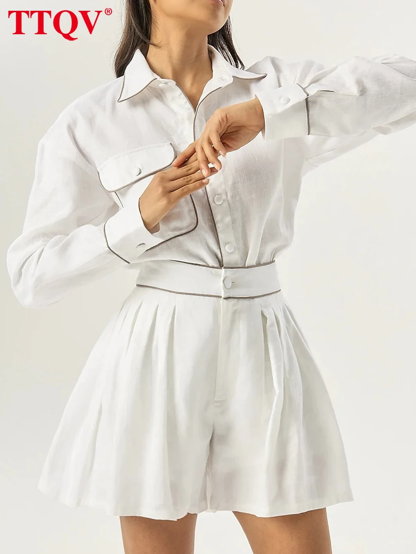 

TTQV Fashion Loose White Cotton 2 Piece Set Women 2026 Elegant Long Sleeve Shirt With High Waist Shorts Set Female Clothing