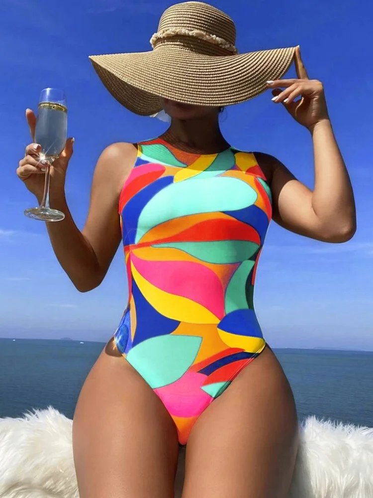 One Piece Swimsuit Women 2025 New Print Hollow Out Lace Up Bodysuit Sexy Swimwear Summer Monokini Beachwear Bathing Suit Female