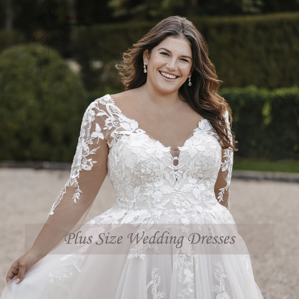 Classic A-Line Wedding Dresses Plus Size V Neck Long Sleeves Bride Gowns Appliques Back Button Floor Length Tulle Robe De Mariee