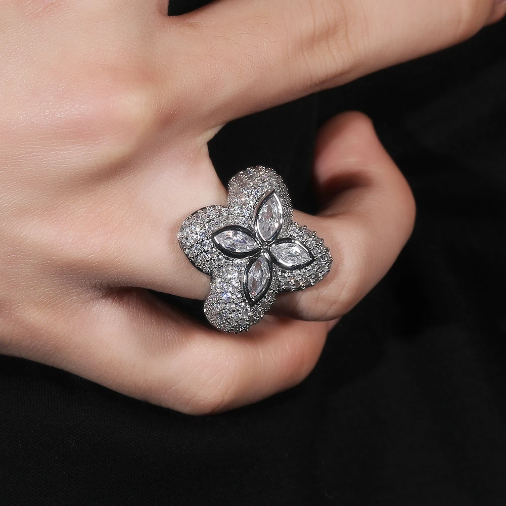 THE BLING KING Clover Flower Rings Micro Paved Out Green Cubic Zirconia Punk Ring Hiphop Jewelry For Men Women Party Gift