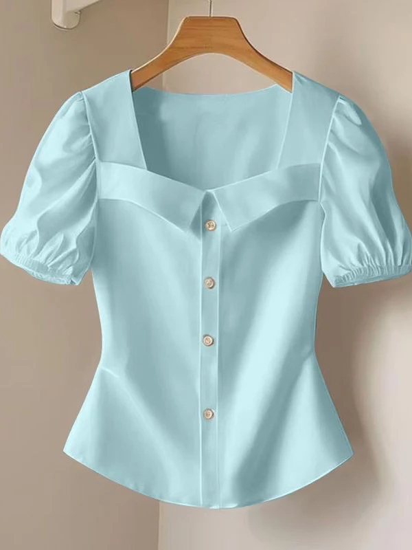 Rosa ort Sve irt Mujer Verano Nuevo Diseño Sensation Cintura Acuplada Cuello Cuadrado Top Commute Sle Bubble Sve Regu...