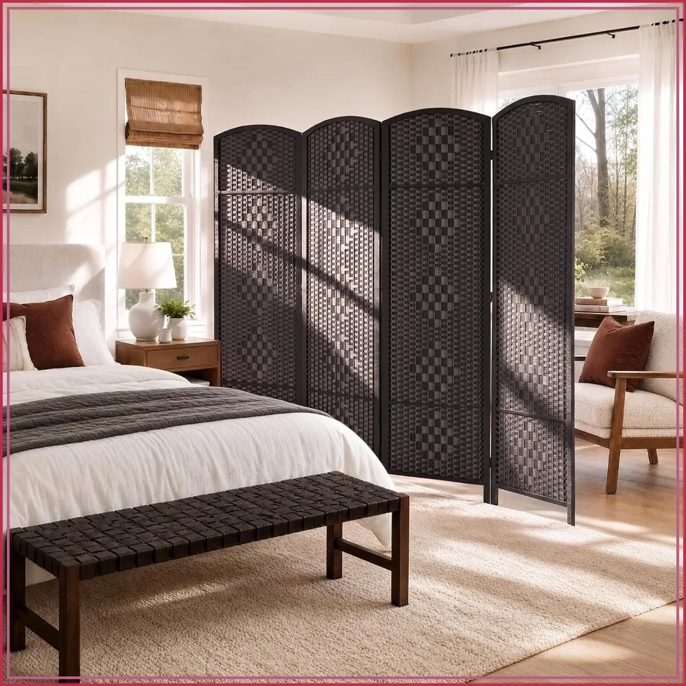 TEAKMAMA 4 Panel Room Divider Wall Partition, Mocha Brown Folding Privacy Screen for Home Office