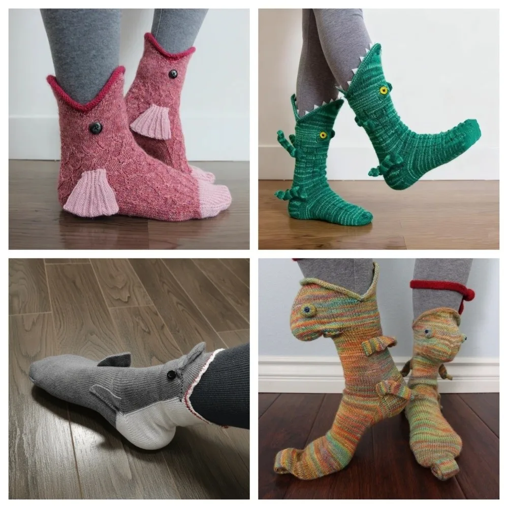 Calcetines de animales de ganchillo suaves de tiburón, calcetines de punto elásticos transpirables, calcetines de suelo 3D creativos que absorben el sudor, rellenos de medias