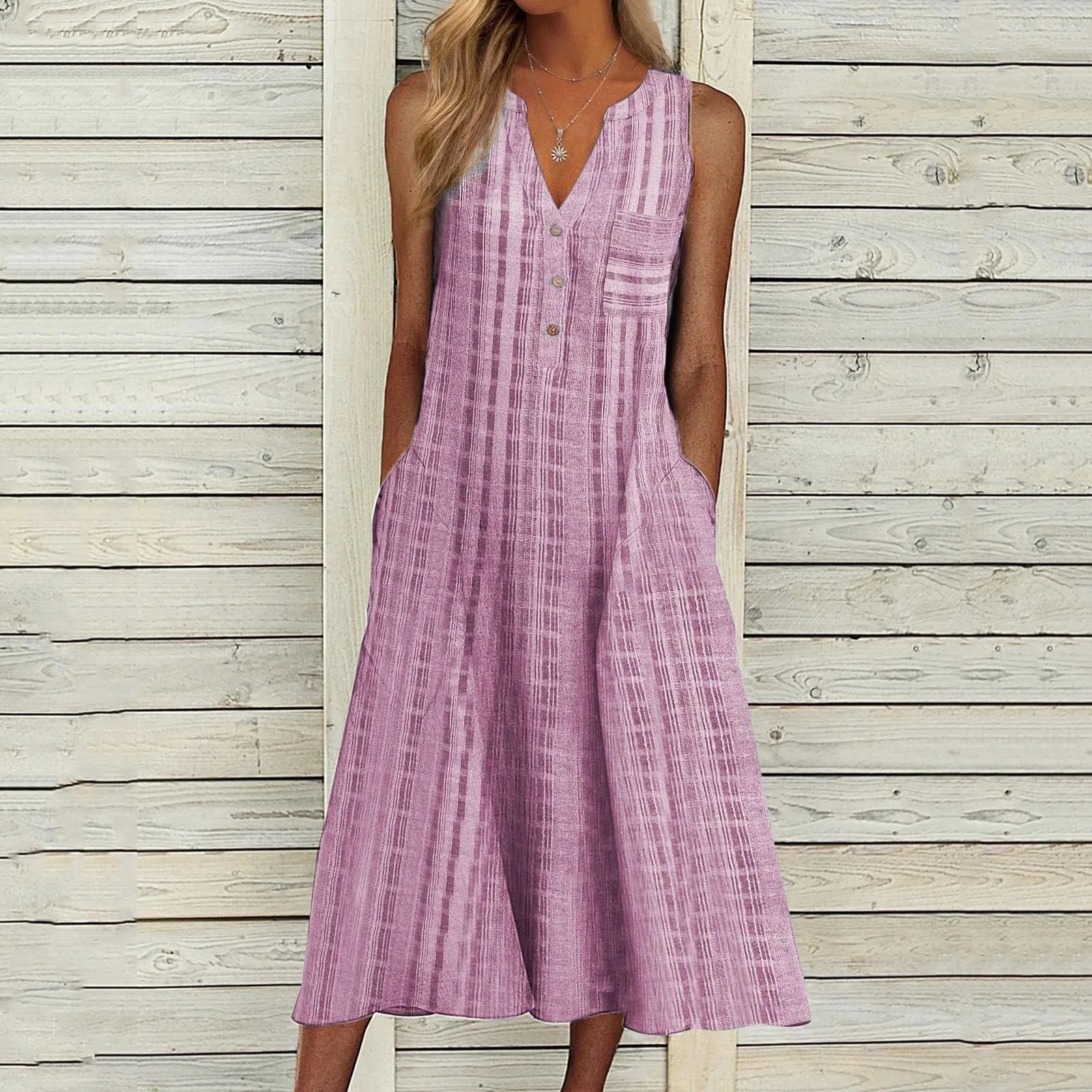 2023 Spring Solid Color Pleated Long Dress Sexy V Neck Button Tunic Women Dress Summer Sleeveless Pocket Beach Boho Dress Mujer