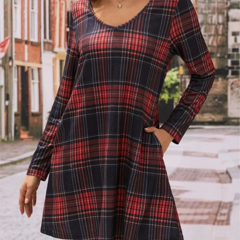 Women's New Autumn Winter Fashion Plaid Printed Pocket Sexy V-neck Casual Loose Long Sleeved Dress For Women