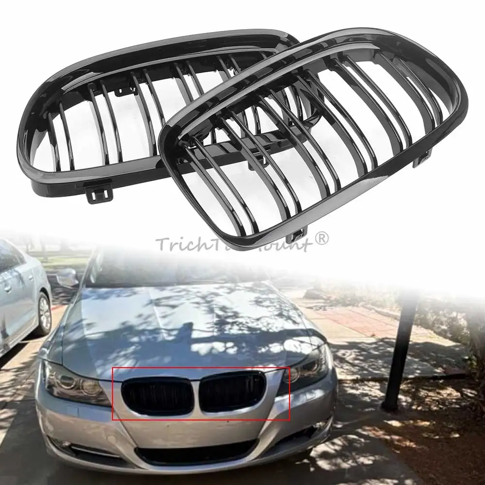 

1 Pair Car Grilles Double Layer Grille Style Abs Front Grill Compatible With Bmw E90 E91 Facelift Models 2008-2011 Black Grille