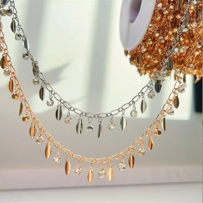 New Retro Gold Color Plated Crystal Beads Link Chain For DIY Jewelry Making No Fade Leaves Copper Tassel Chain Craft Accessories