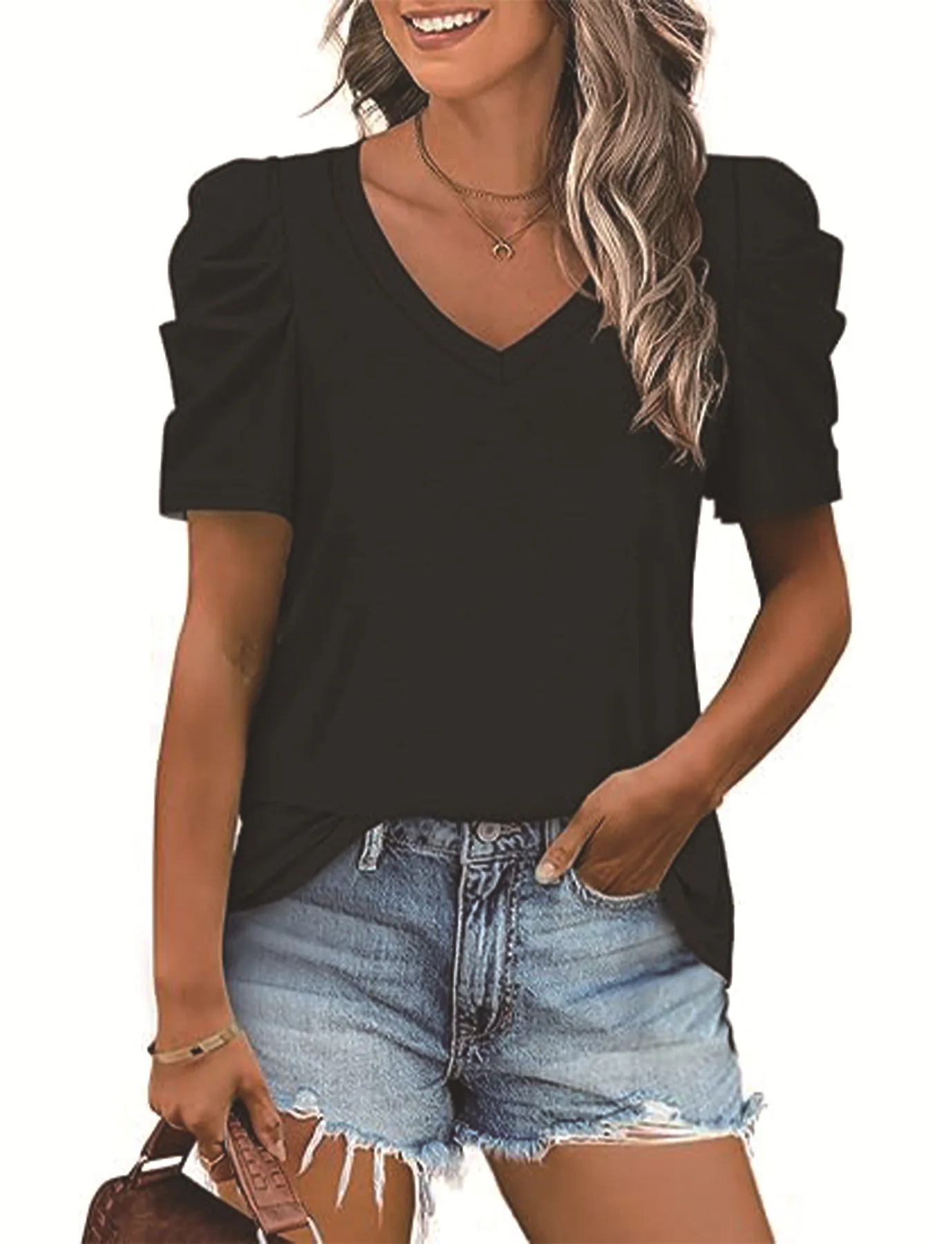 

Cross-border European and American women's new summer casual V-neck curved hem T-shirt with puffed sleeves and short sleeves top
