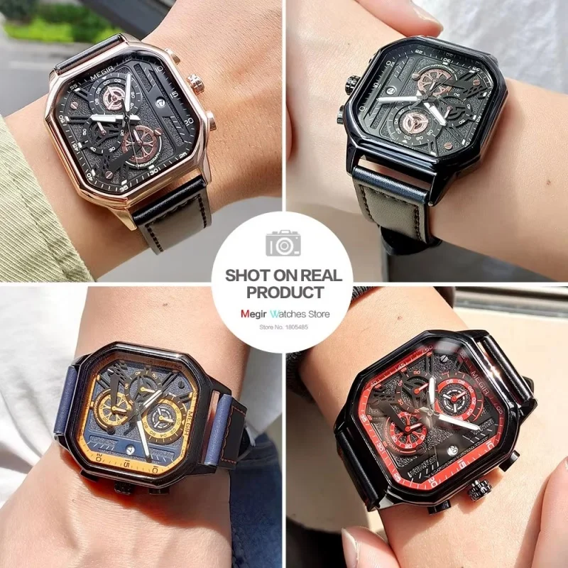 Megir 8106 esportes relógios de quartzo para homem calendário luminoso cronógrafo casual pulseira de couro à prova dwaterproof água moda relógio masculino