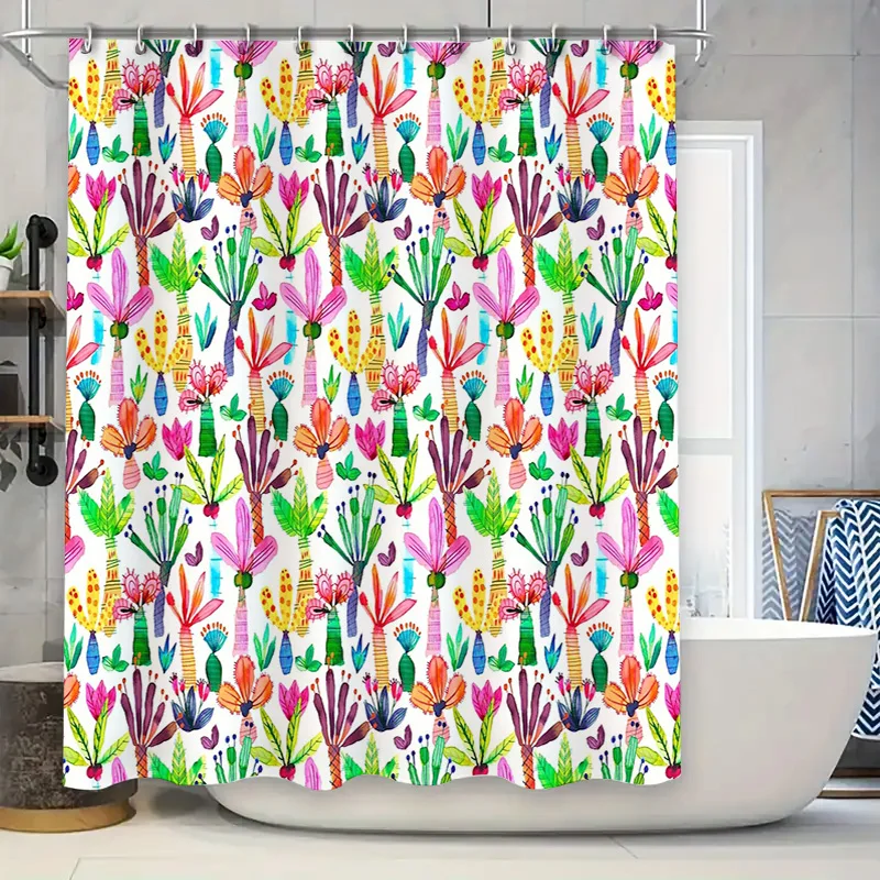 

Floral Shower Curtain Botanical Pattern Bathroom Decor Nature Plants Greenery Washable Fabric Waterproof Liner
