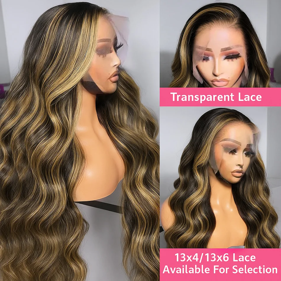 Ombre P4/27 Body Wave 13x4 HD Transparent Lace Frontal Human Hair Wig 30 Inch Highlight Honey Blonde Colored Lace Front Wigs