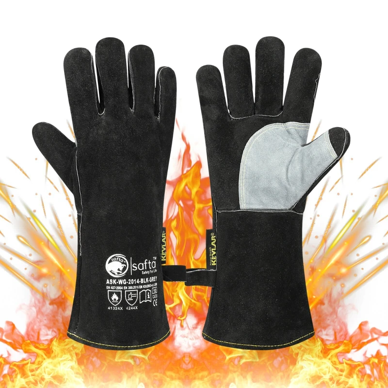Soldadores Gauntlets Preto Extremo Resistente ao Calor BBQ TIG MIG Luvas de Soldagem 14"