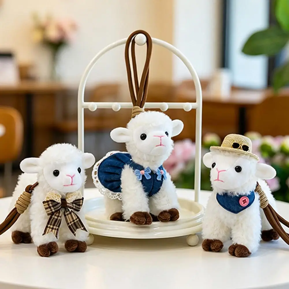 Kawai Plush Lamb Pendant Soft Fluffy Sheep Stuffed Animal Charm with Strap Backpack Bag Ornament Keychain Gift