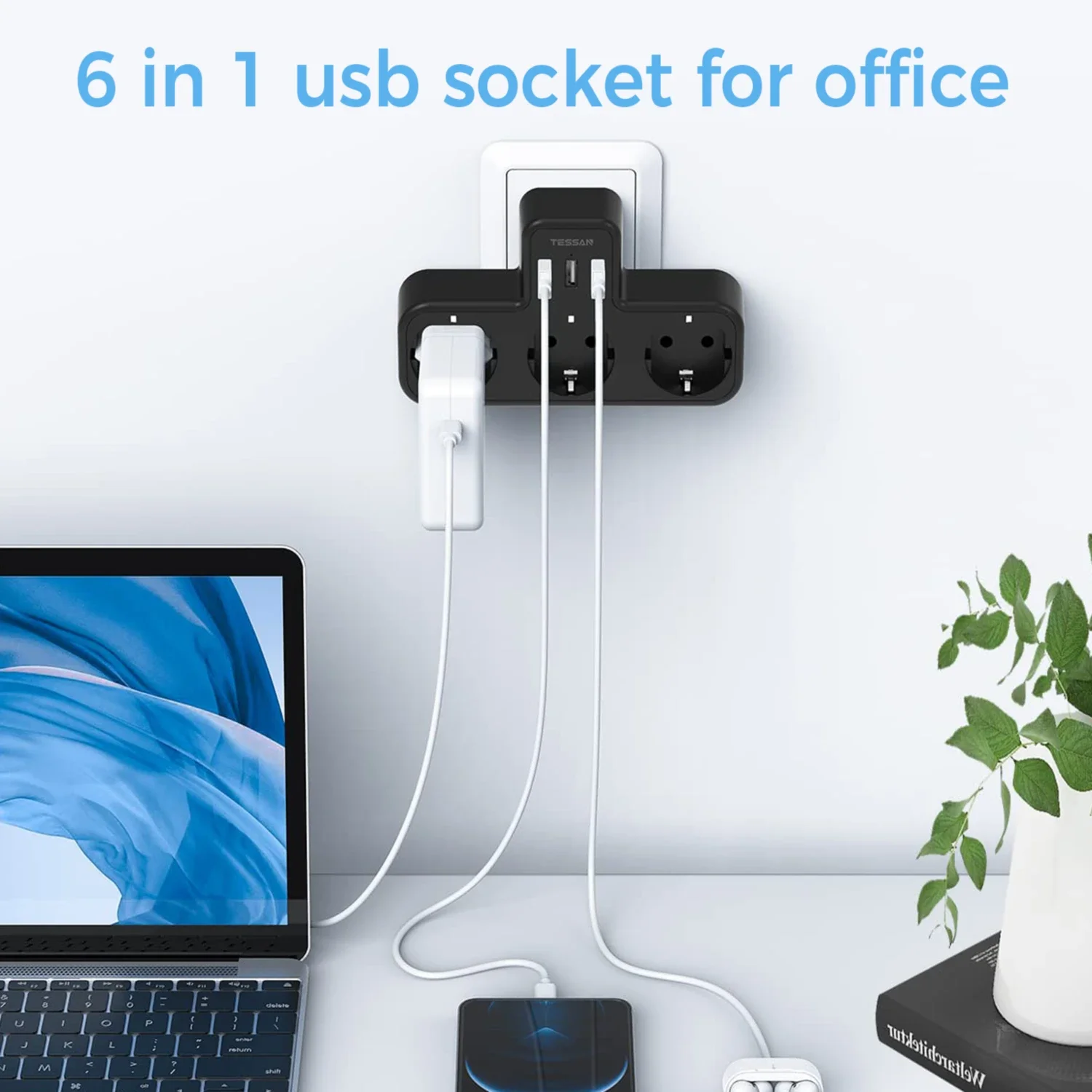 TESSAN أسود الاتحاد الأوروبي التوصيل مقبس الحائط موسع مع 3 منافذ التيار المتناوب 3 منافذ USB متعدد العاب محول الطاقة حماية الزائد للمنزل/المكتب