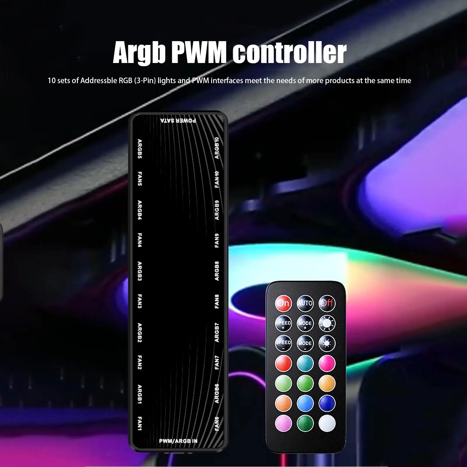 

PWM & ARGB Case Fan Hub Splitter 5V3-pin x10 PWM Addressable ARGB Adapter SA-TA Power Interface With Remote Control