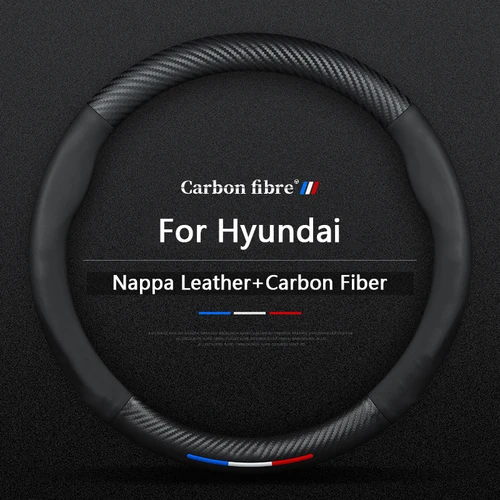 Protector de cuero y fibra de carbono para volante de coche, para Hyundai i10 i20 i30 i40 ix25 ix35 ix55 Tucson Palisade Santa-fe Sonata Solaris